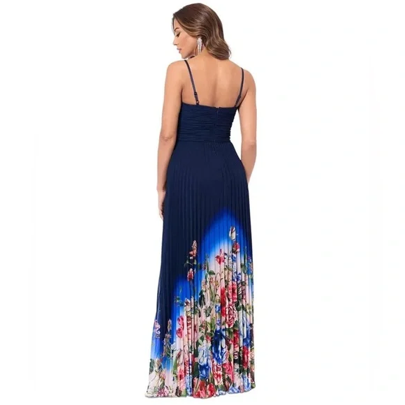 Xscape Navy Blue Sunburst Floral Ombre Pleated Gown Maxi Dress - Picture 2 of 3